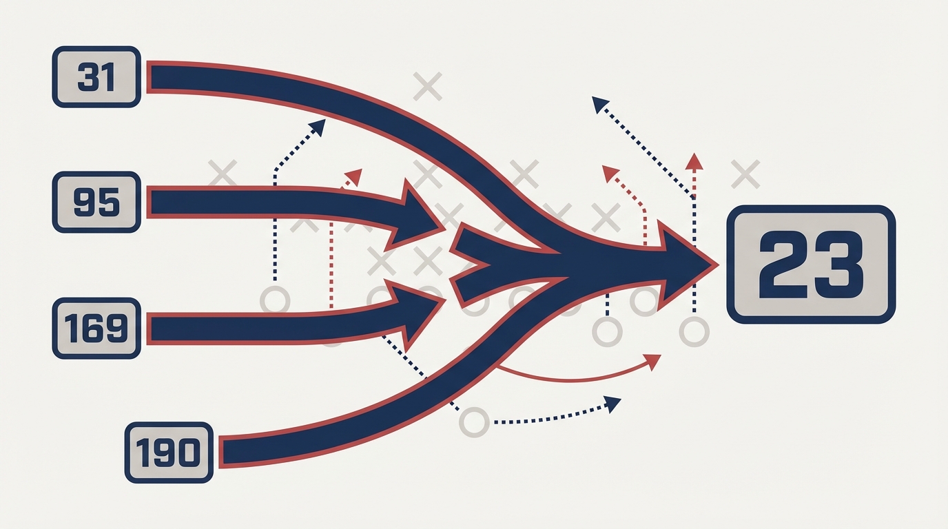 Graphic showing smaller draft pick markers 31, 95, 169, 190 moving along arrows into a larger pick 23 over a faint Xs and Os football play diagram