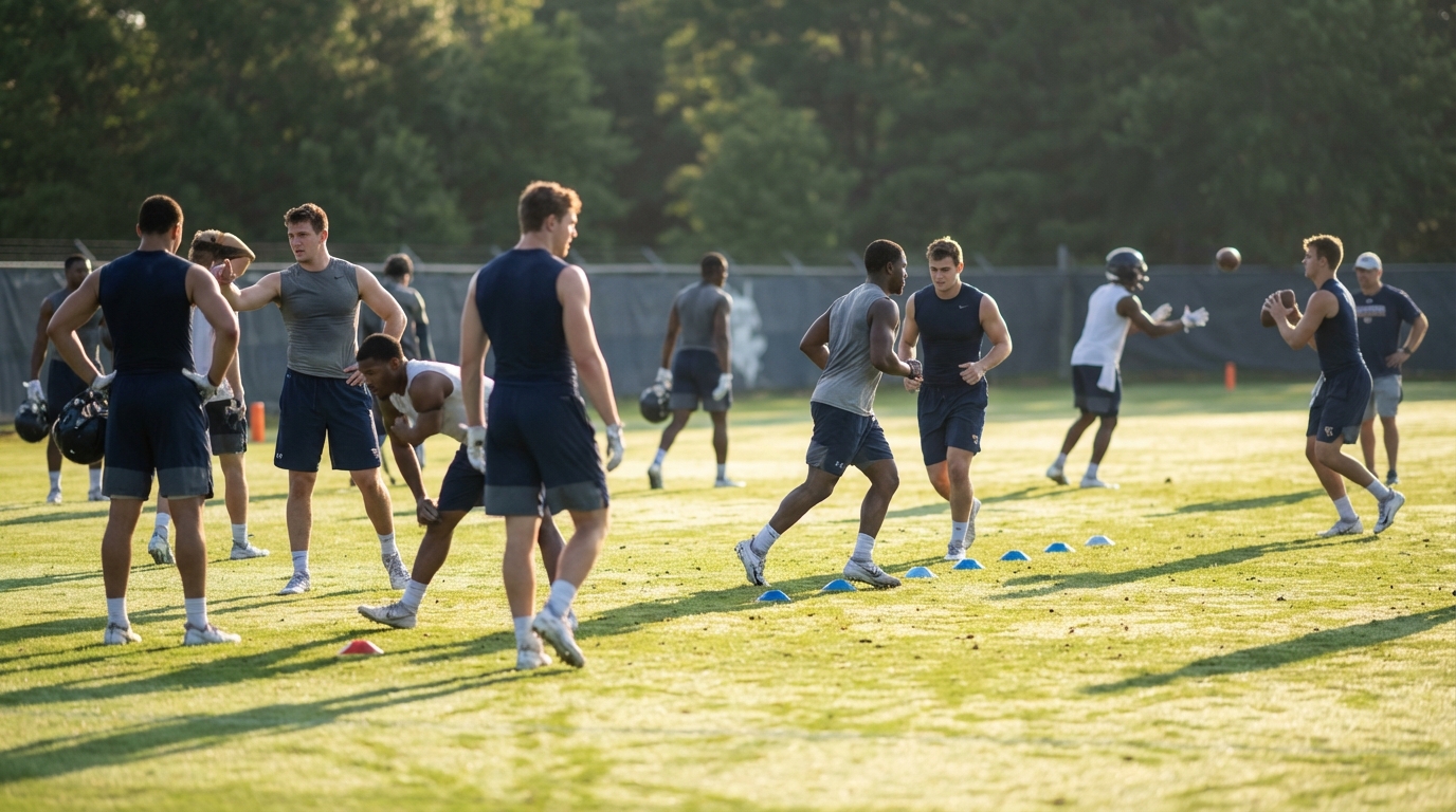 Patriots players training together on a practice field