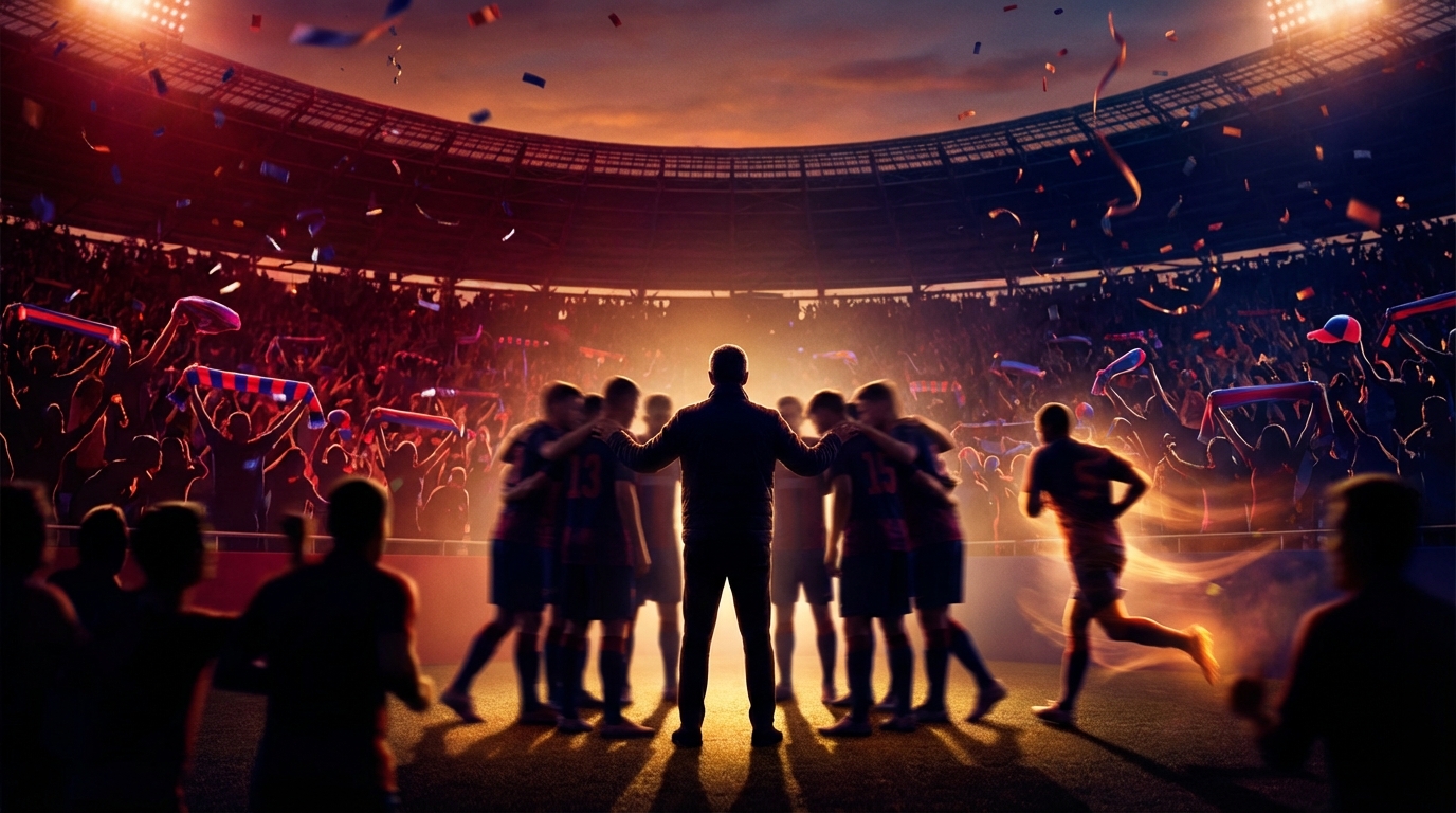 Crowd-lit stadium at twilight with red and navy lighting, silhouetted coach and player in motion, confetti in the air, fans waving scarves — cinematic and uplifting