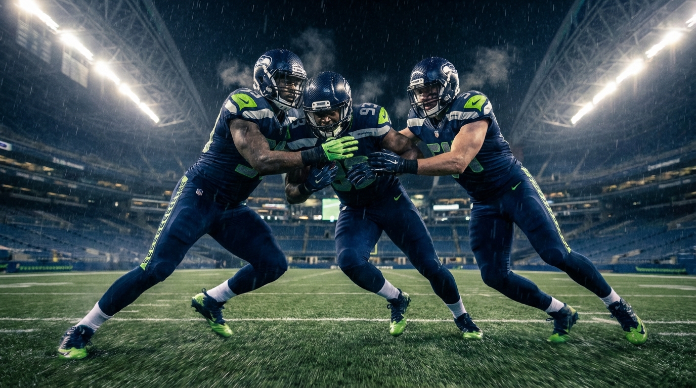 Three Seahawks defenders charging under stadium lights