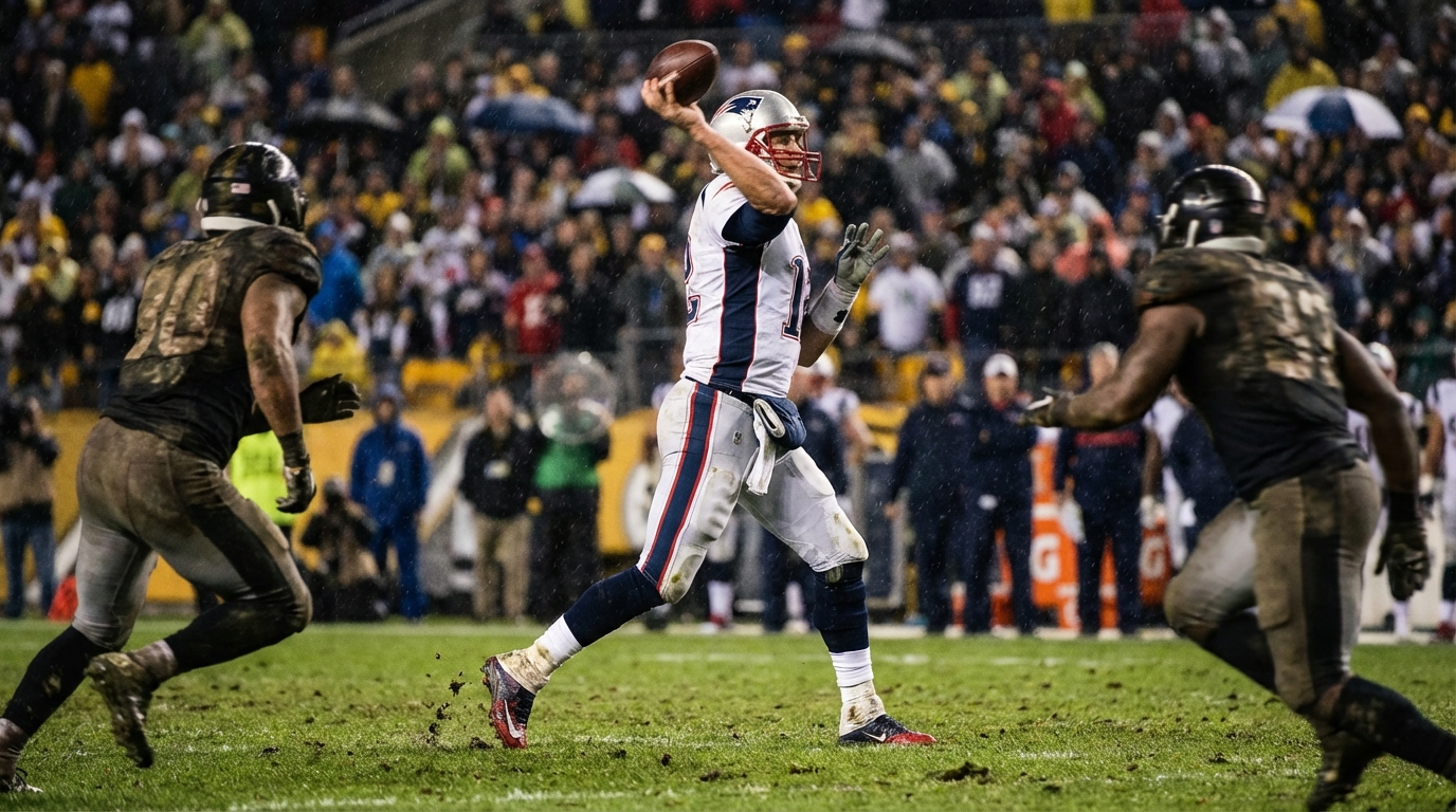 Drake Maye throwing during Super Bowl LX