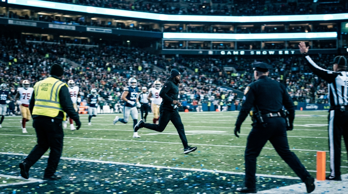 Chaotic field scene during the Super Bowl LX streaker incident