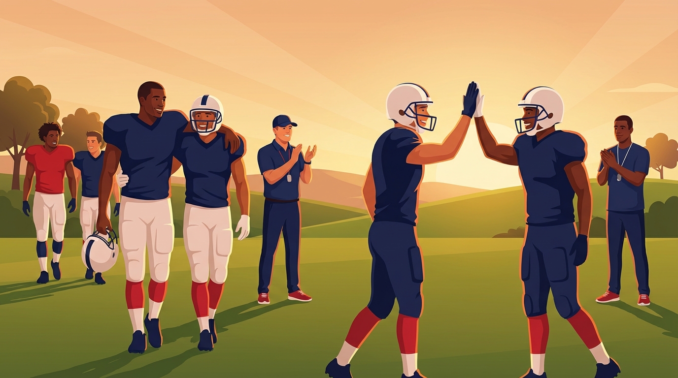 Team unity on the practice field at golden hour