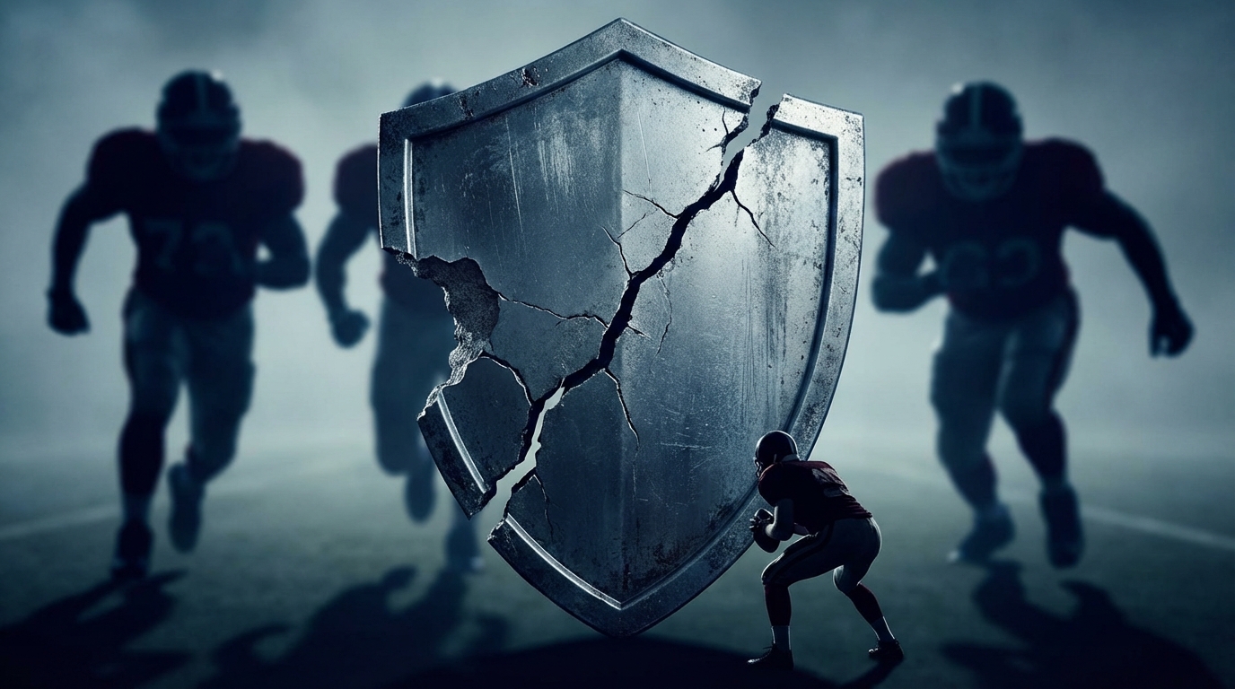 Cracked metallic shield symbolizing the Patriots offensive line struggle