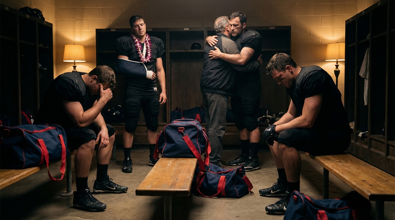 Patriots locker room emotion — navy blue bags and players in dim locker room
