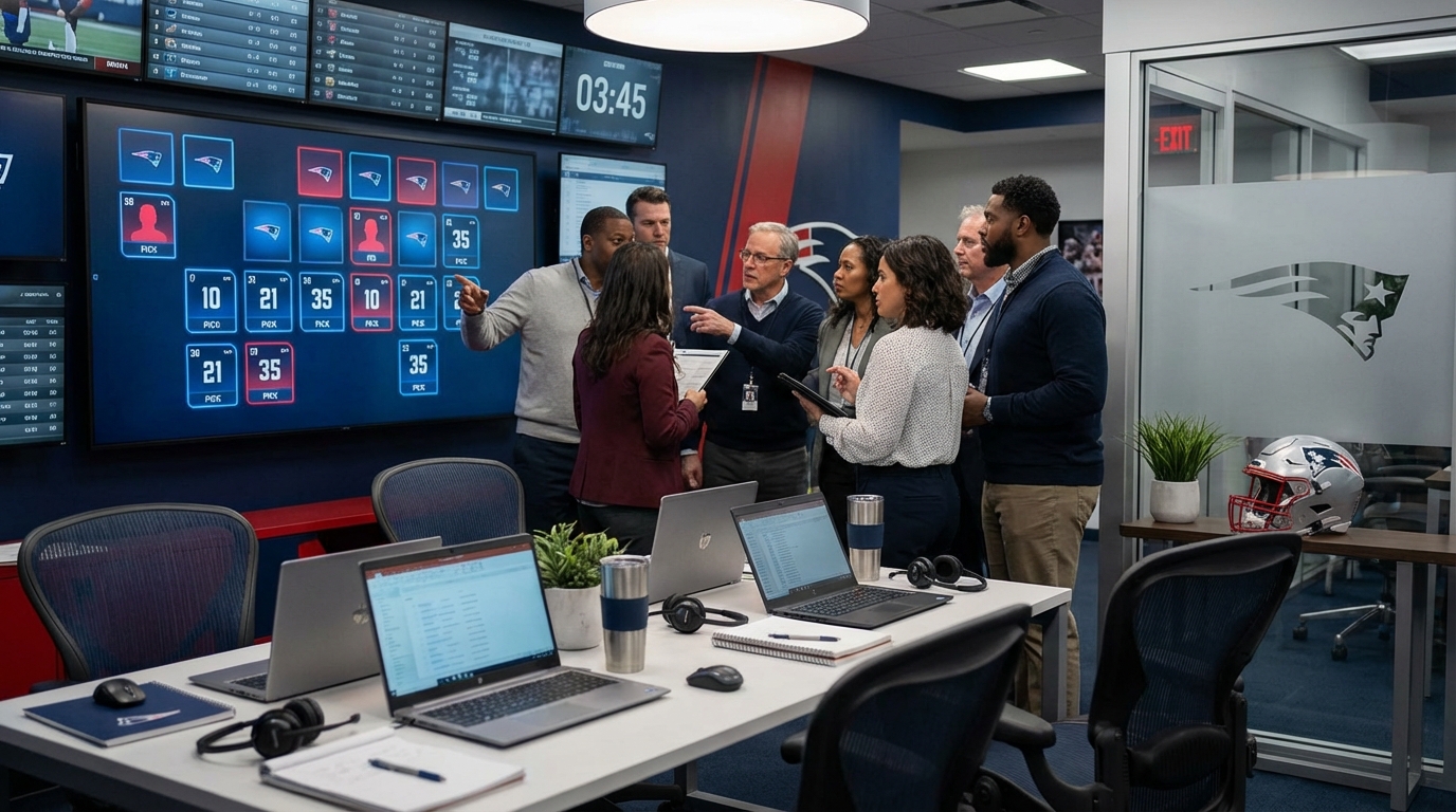 Patriots draft room environment themed in navy red and silver