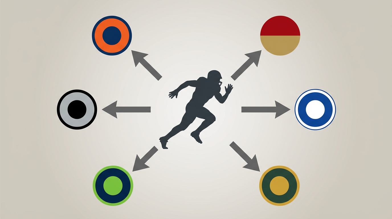 Football silhouette with arrows to team badges