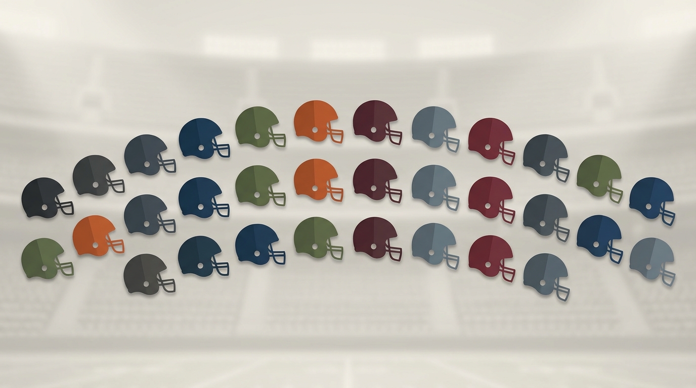 Abstract NFL draft board with 32 stylized helmets aligned in draft order