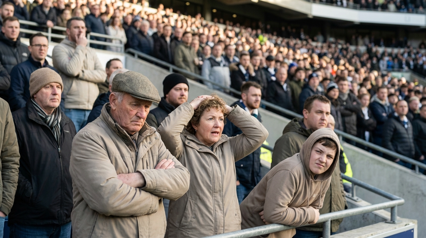Emotional crowd of diverse sports fans showing skepticism, surprise, and disappointment