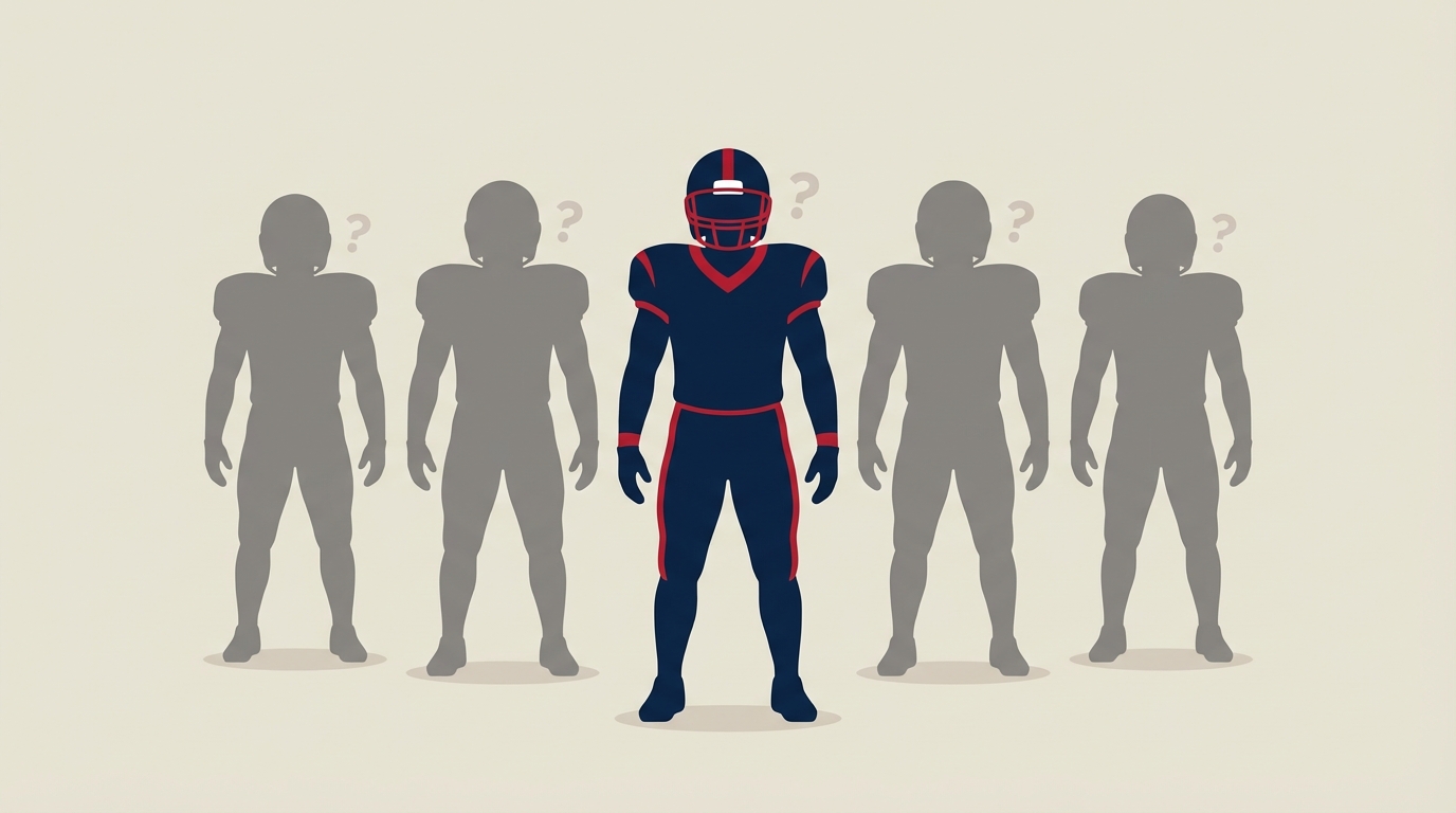 Silhouettes of NFL players with question mark tags; one highlighted in Patriots navy and red