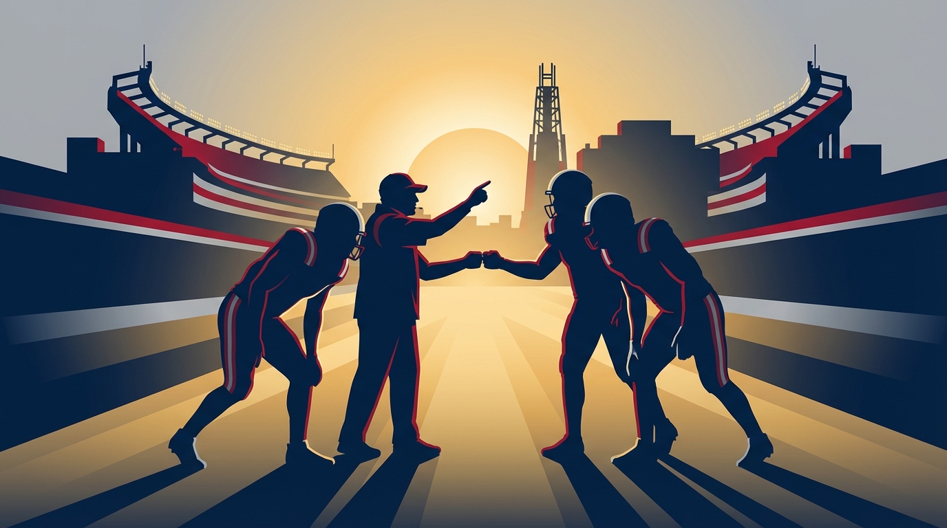 Silhouettes of football players and coach at dawn with Gillette Stadium skyline and rising sun, navy and gold palette, optimistic offseason scene