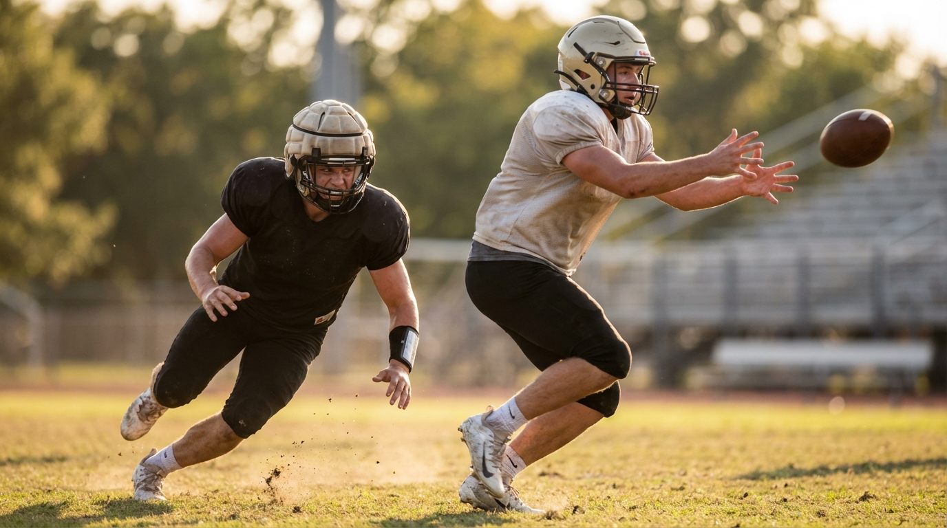 Two football players showing intensity: a pass rusher exploding off the line and a defensive back breaking on the ball during practice, faces and bodies strained, motion blur, shallow depth of field.