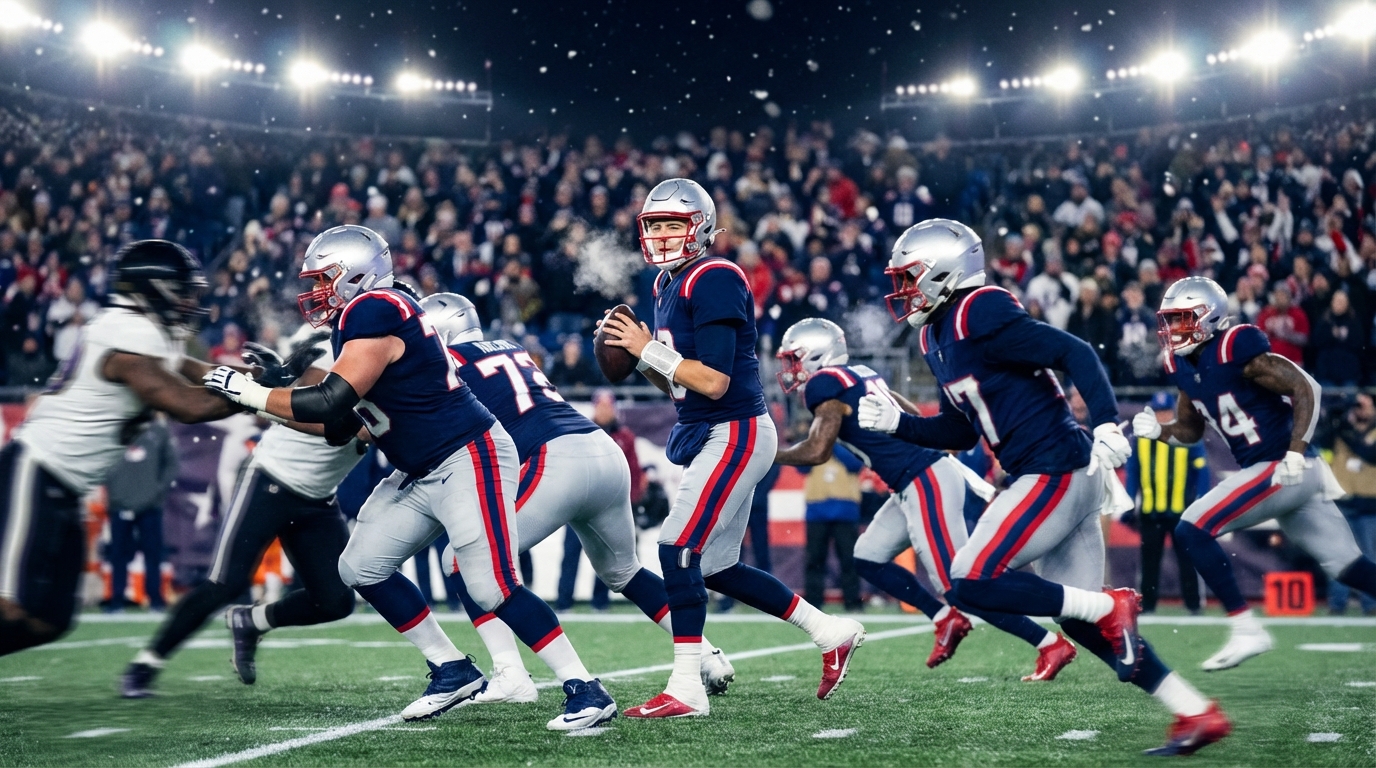 Patriots players in coordinated play under stadium lights