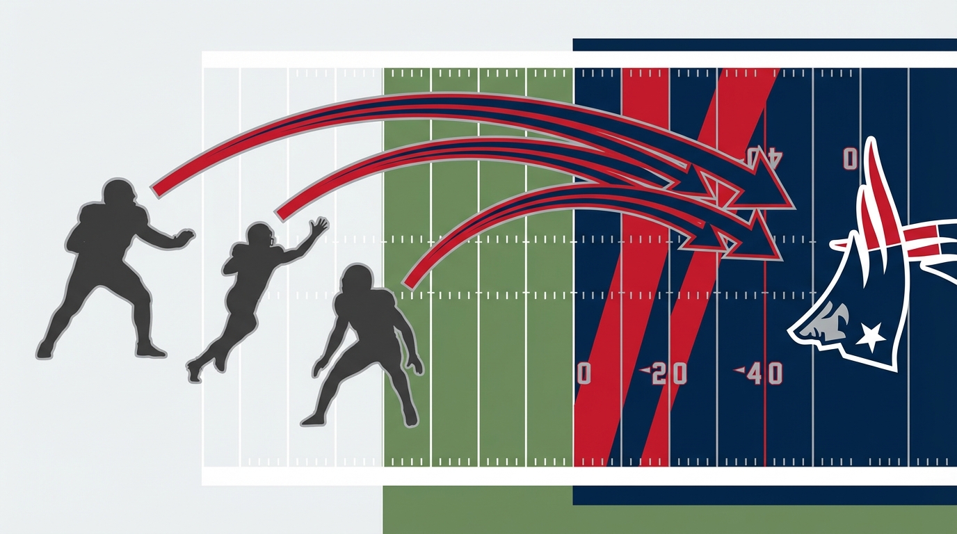 Aerial illustration of a football field with silhouettes representing potential Patriots additions