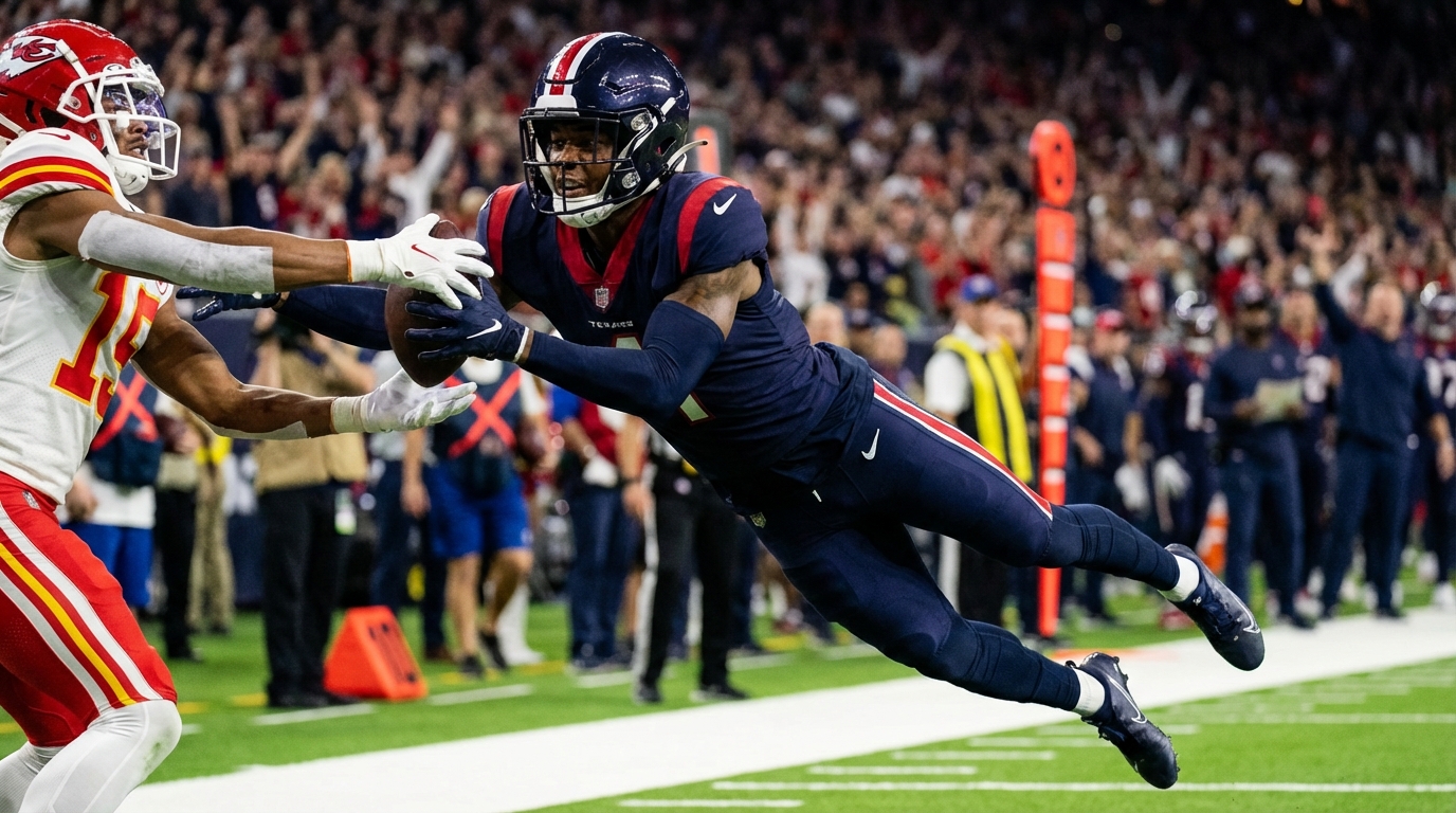 Dynamic game action: cornerback leaping to break up a pass