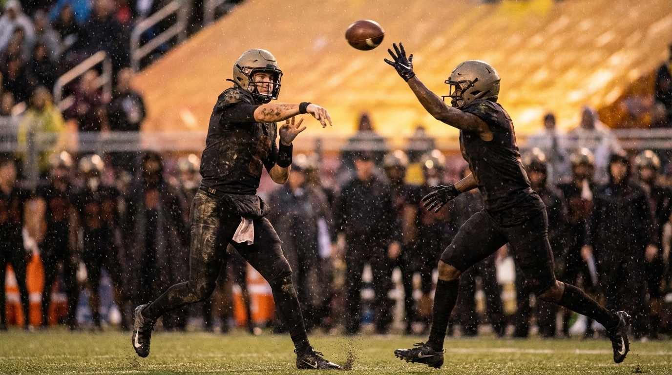 Quarterback and wide receiver in intense game action