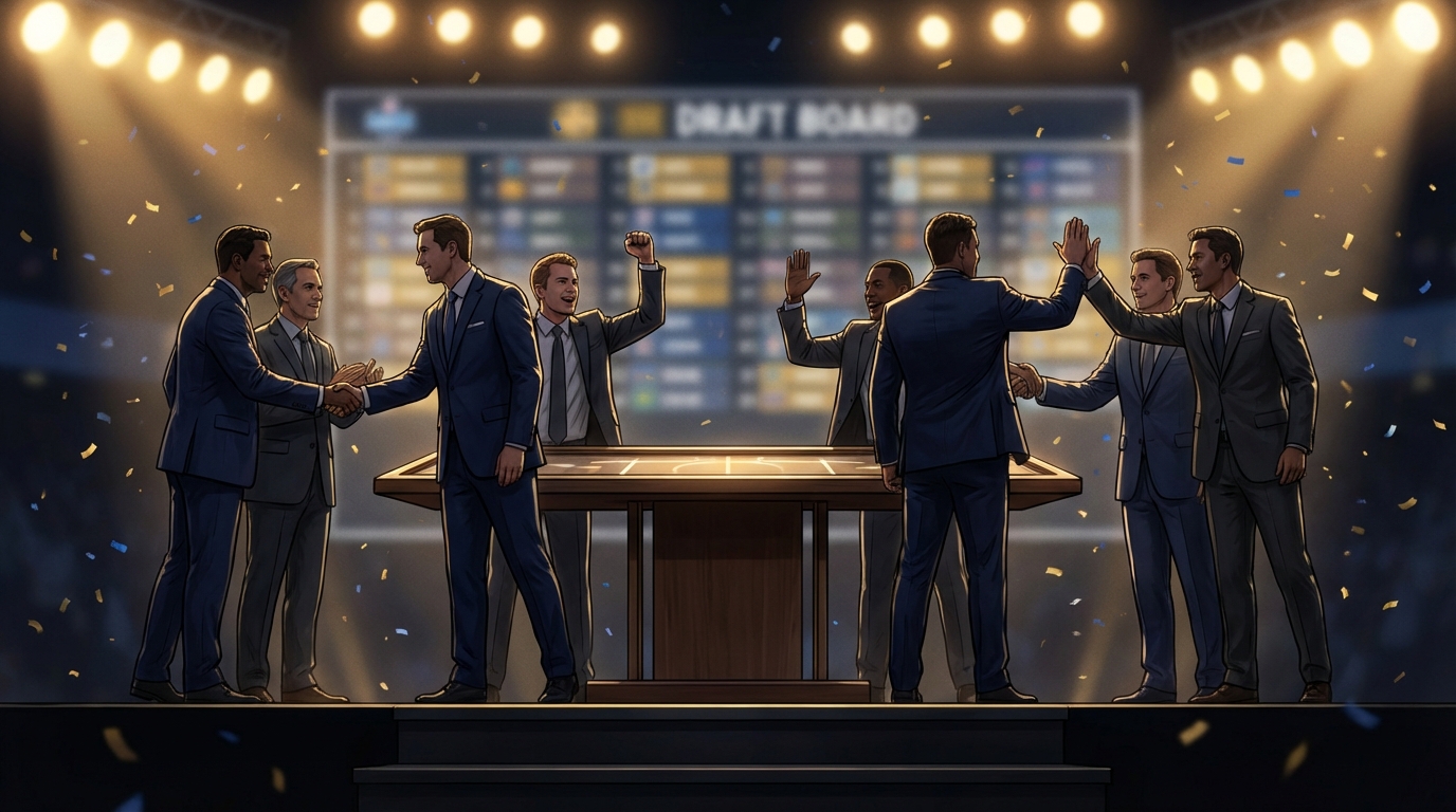 Draft day trade celebration with team representatives on stage, confetti and spotlights