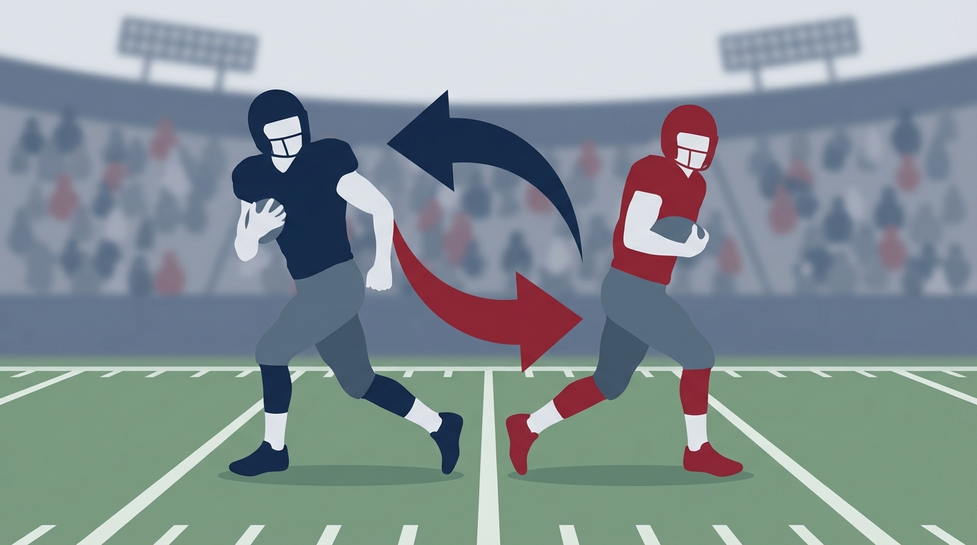Two faceless football players swapping positions on a stylized field with curved arrows indicating movement