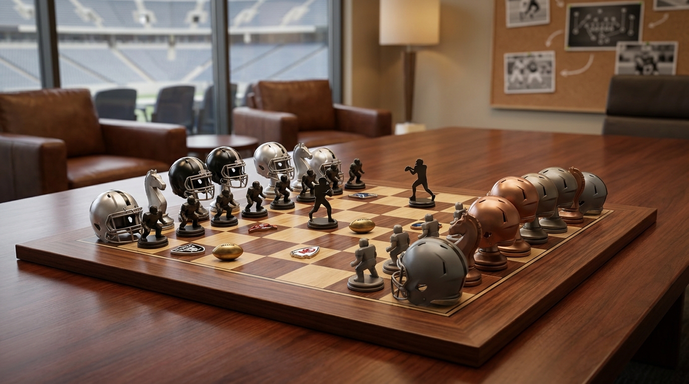 Chessboard with football-themed pieces representing NFL offseason strategy