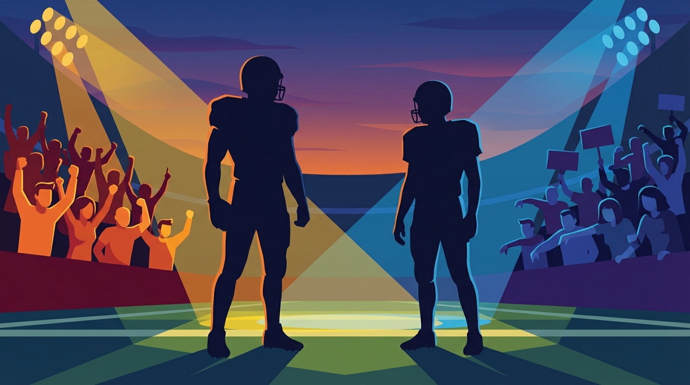 Conceptual NFL quarterback rivalry with divided fans