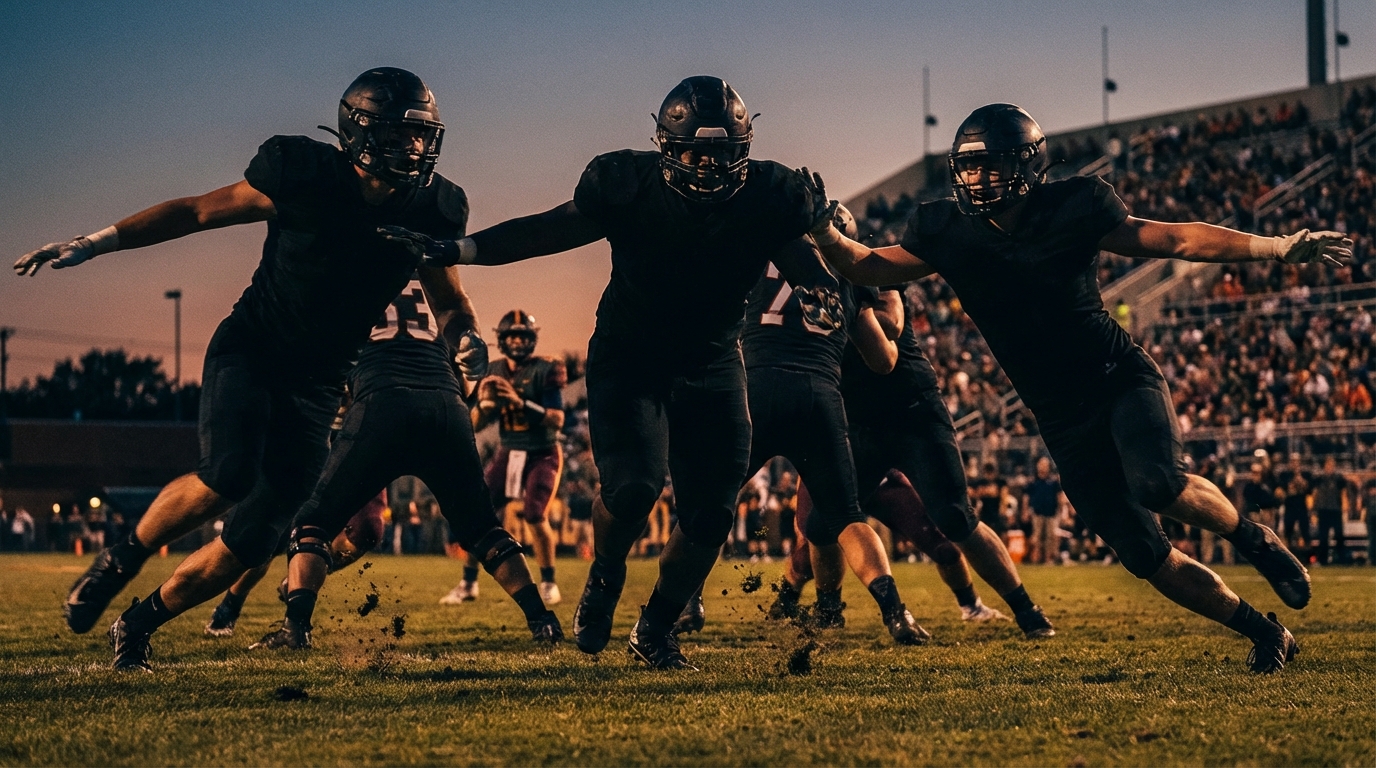 Close-up of defensive linemen and edge rushers exploding off the snap toward the quarterback, dusk stadium lighting, motion blur, no logos or text