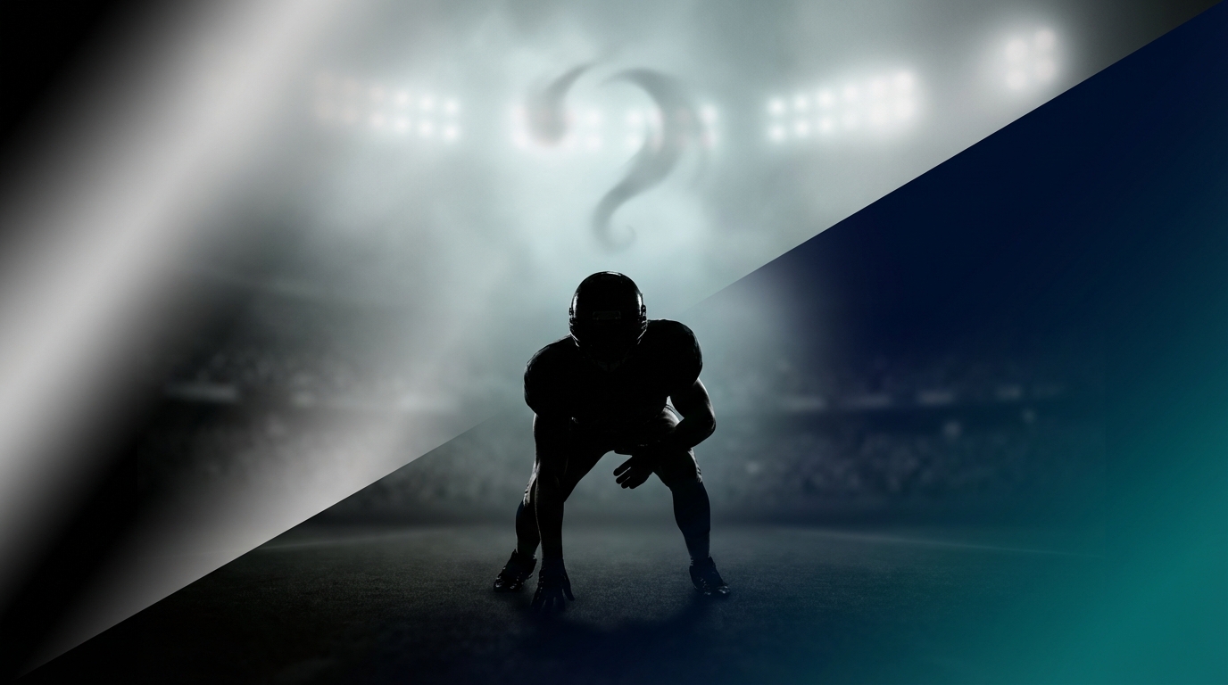 Silhouette of a football edge rusher split between team colors