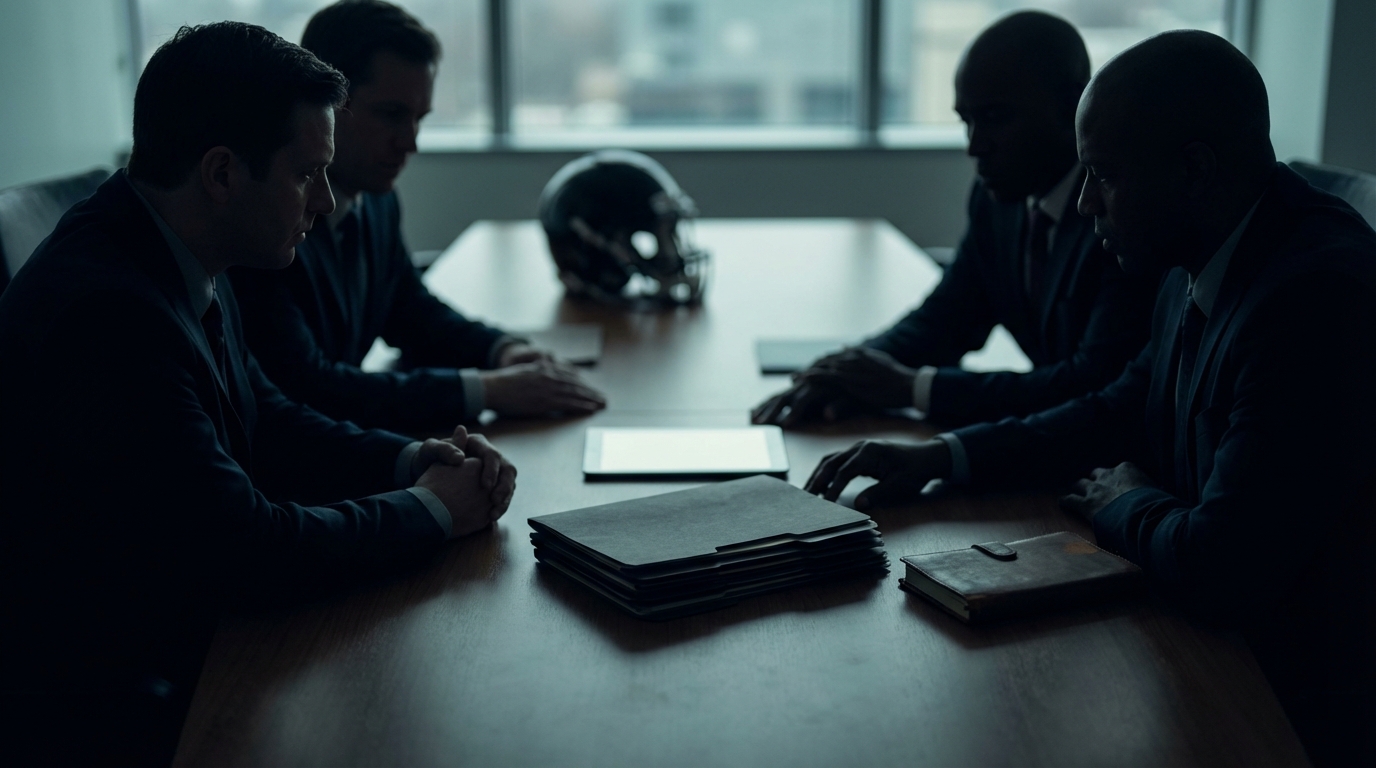Silhouettes of coaches and executives negotiating a trade around a table