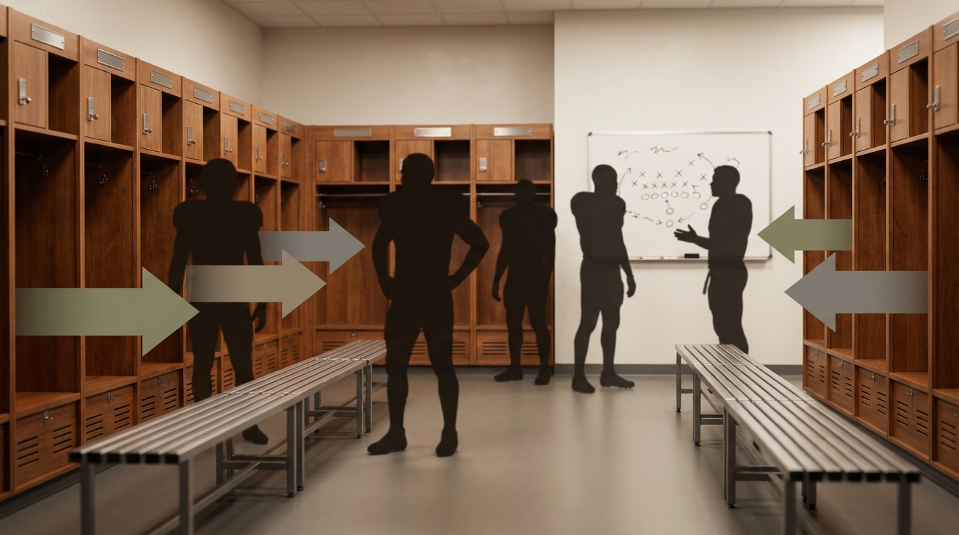 Locker room silhouettes with movement arrows