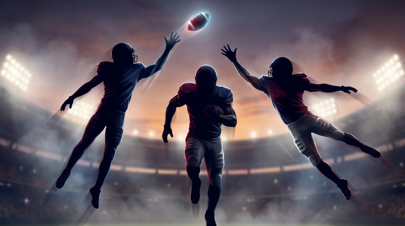 Big named receiver silhouettes leaping toward football at dusk