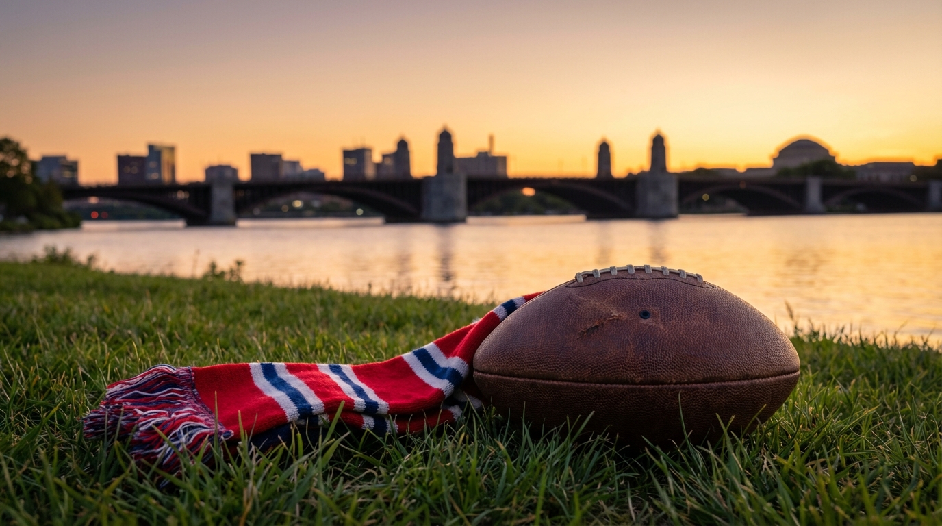 Worn football by the Charles River in Cambridge