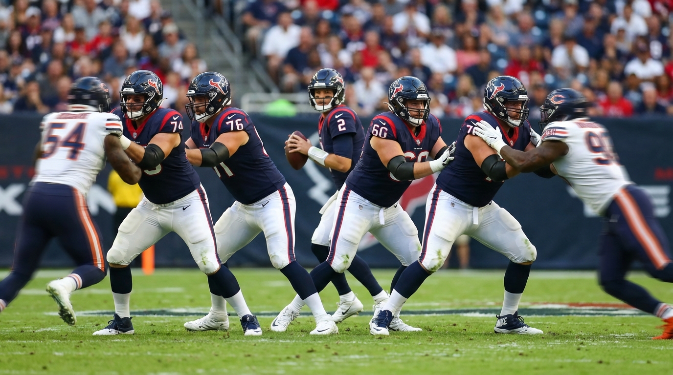 Five Patriots offensive linemen forming a protective pocket