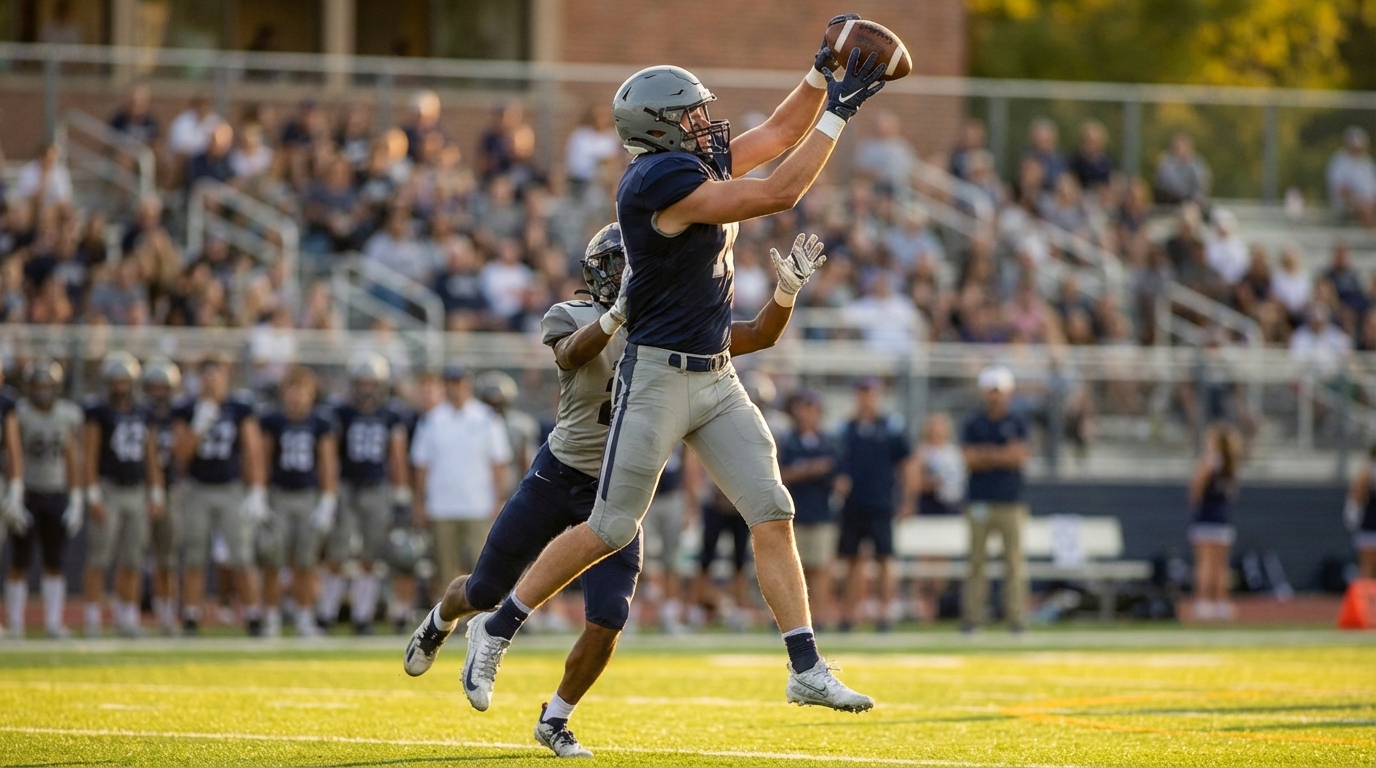 Tall tight end leaping to make a contested catch