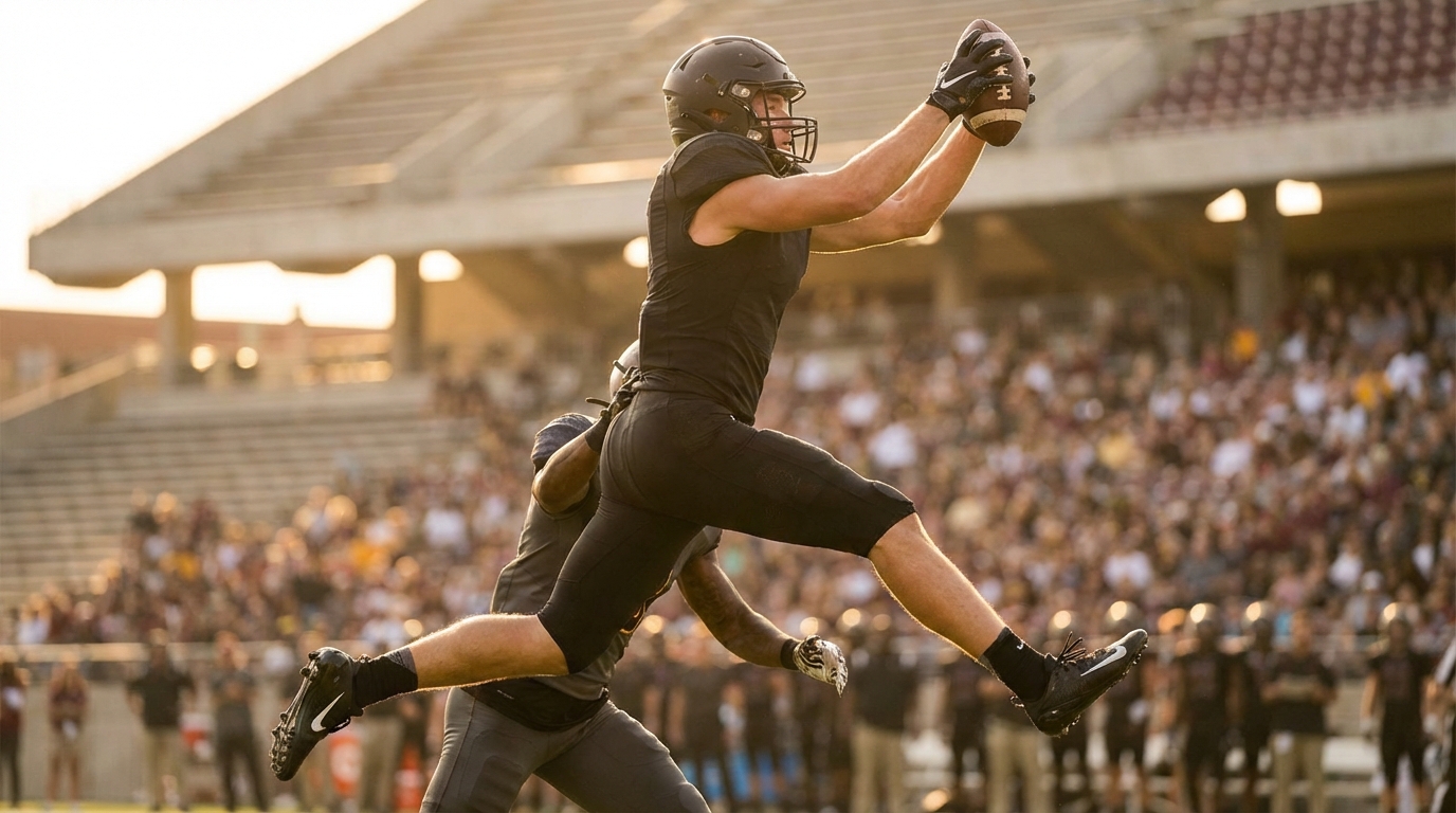 Tall tight end leaping to catch a football