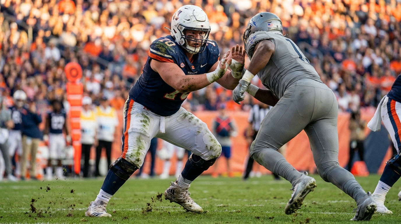 Football rookie offensive tackle lunging to block an edge rusher in a packed stadium, showing effort and early-career grit