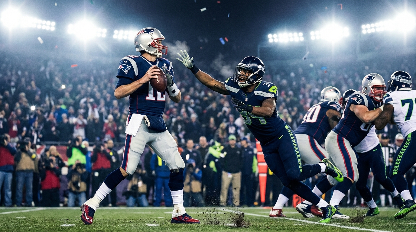 Low-angle Super Bowl clash: quarterback under pressure amid flying turf and stadium lights