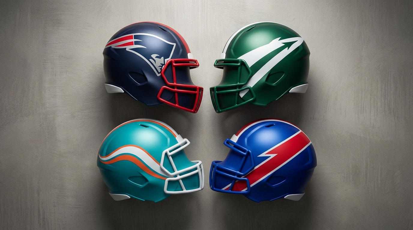 Four AFC East helmets in team colors