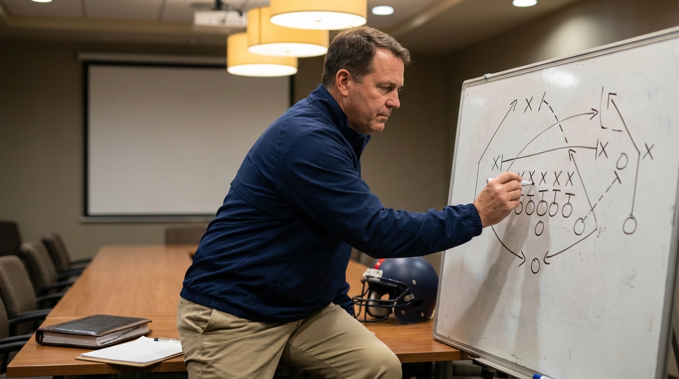 Coach drawing a football strategy on a whiteboard