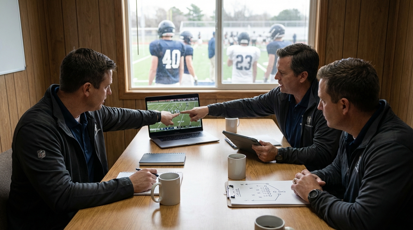 Coaches and scouts reviewing film on a laptop with play diagrams on a table, out-of-focus players in the background