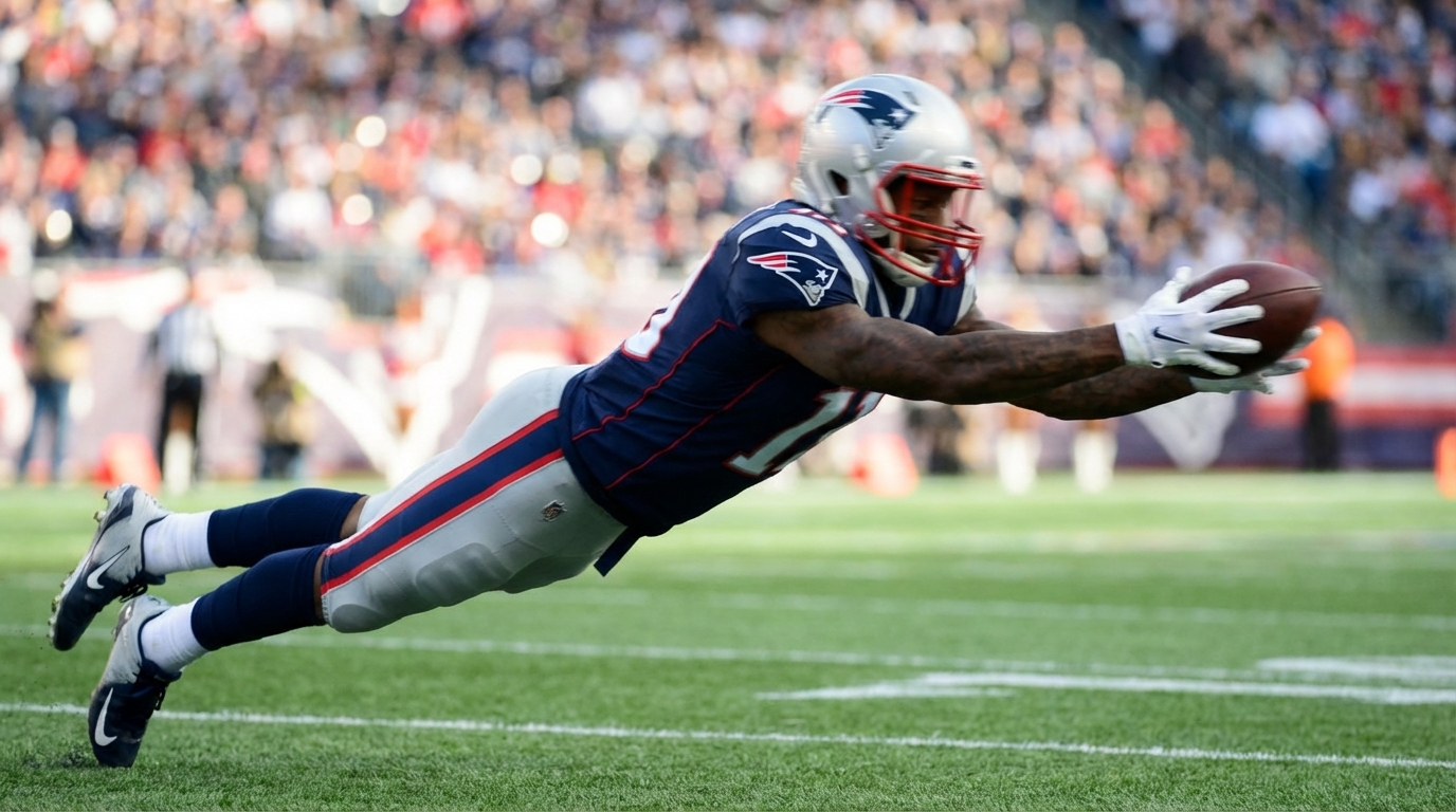 Patriots defensive back leaping to break up a pass