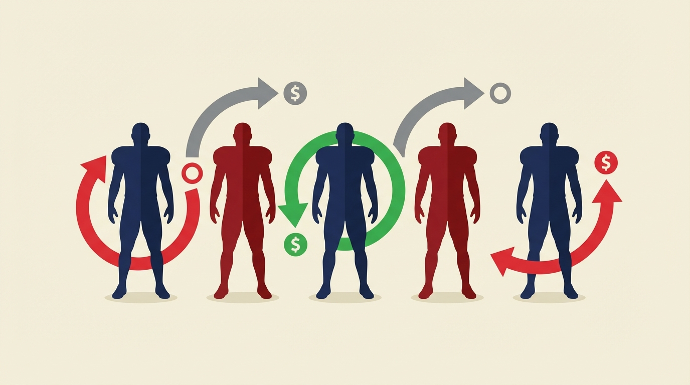 New England Patriots offseason trade targets illustration: stylized silhouettes of football players with arrows indicating trades and roster movement