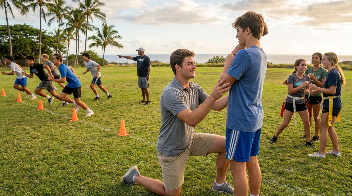 Drake Maye coaching young athletes in Kealakekua
