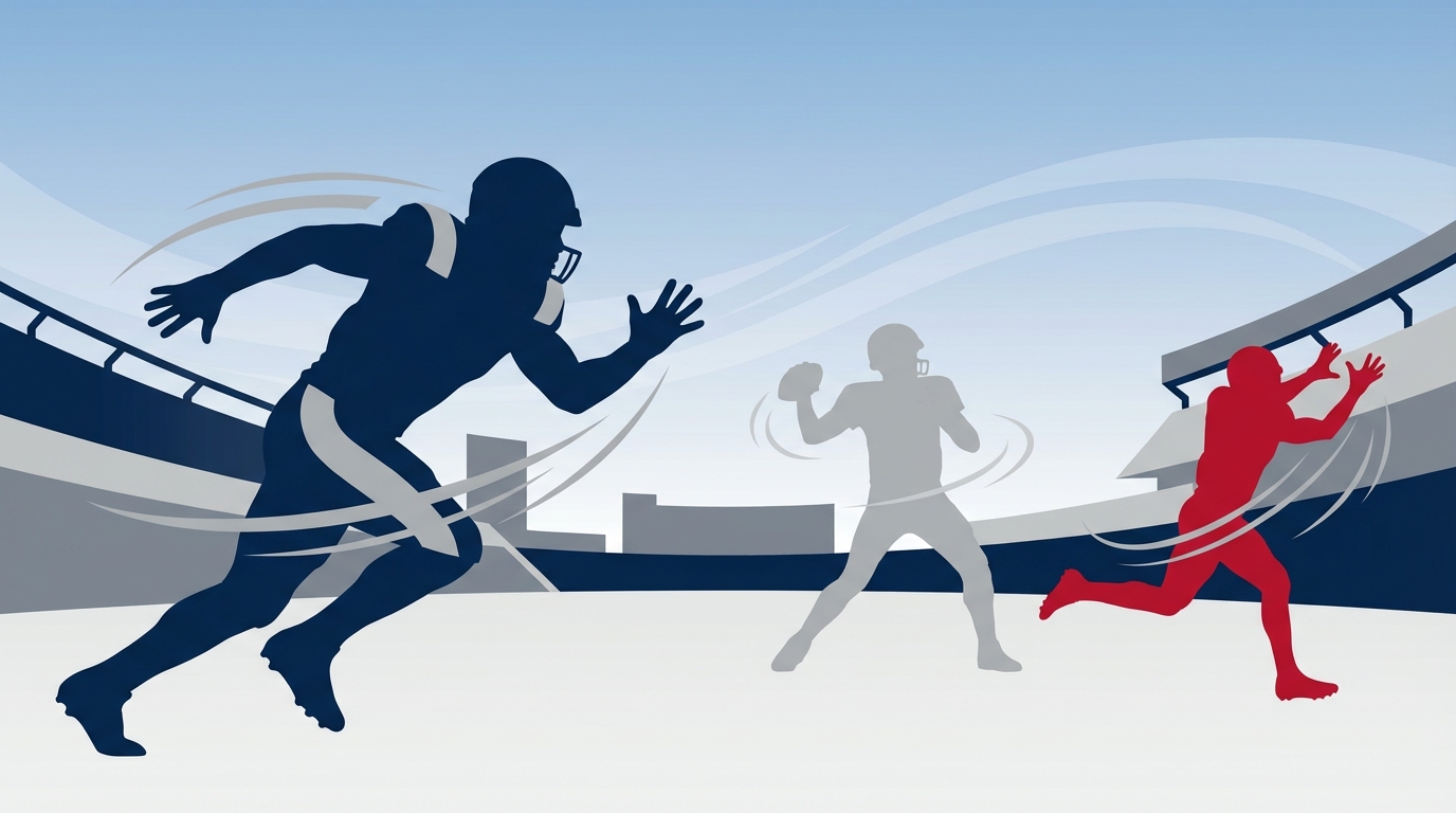 Stylized illustration of an edge rusher sprinting toward a quarterback with a wide receiver running a route in the background, using a navy, red, and silver color palette.