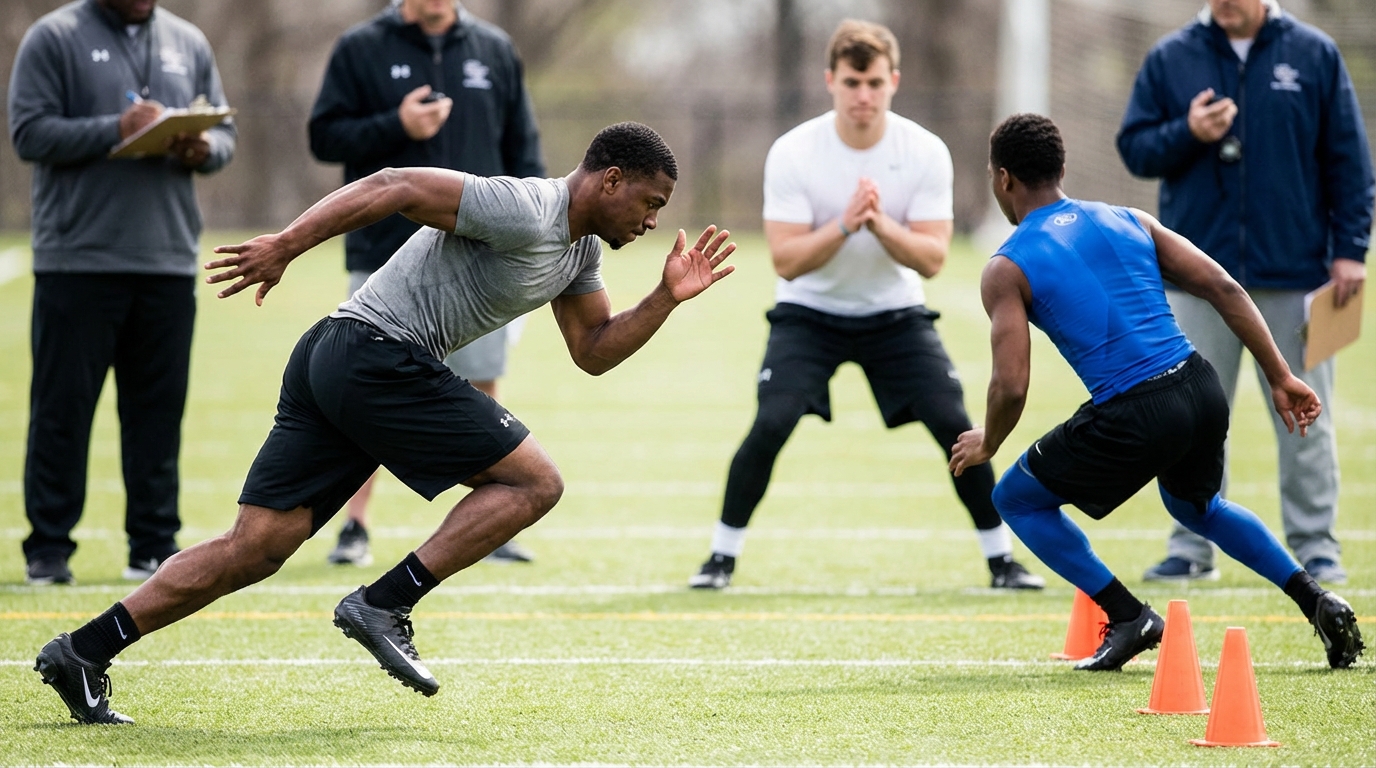 Athletes performing NFL combine drills emphasizing 40-yard dash and 3-cone drill