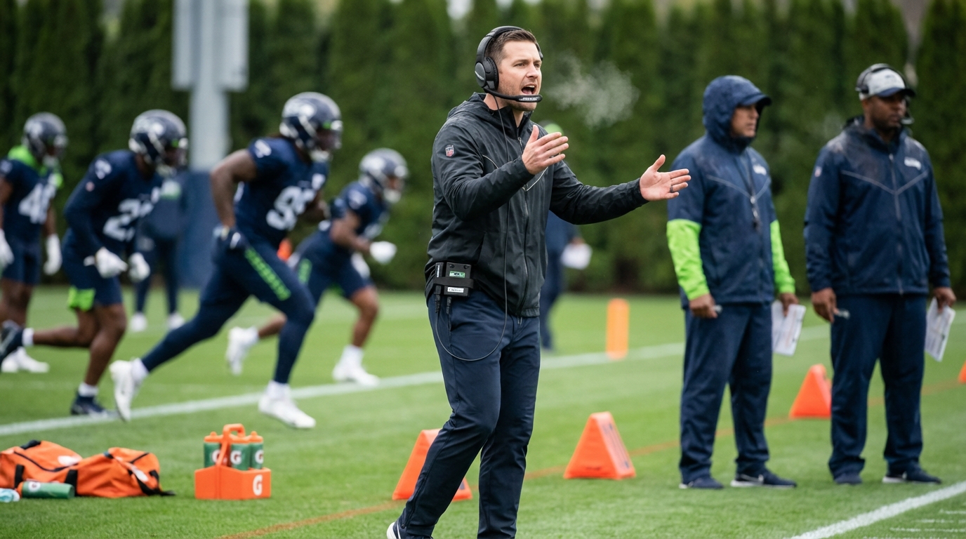Mike Macdonald coaching Seahawks defense during practice