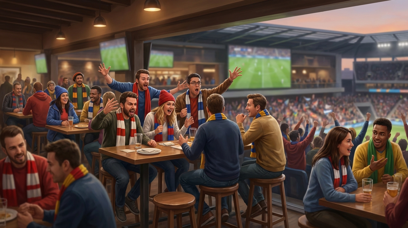 Fans debating and reacting in a sports bar and stadium setting