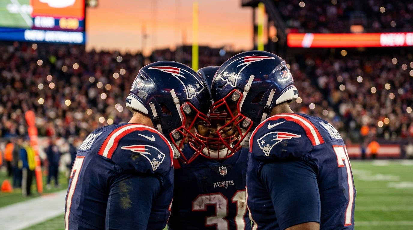Patriots huddle at dusk, helmets close, stadium lights blurred