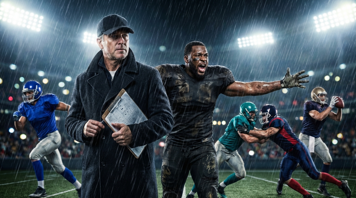 A cinematic night stadium scene showing five figures representing a general manager and players from teams thought of as the Bills, Dolphins, and Patriots. Rain, floodlights, motion blur, and cinematic lighting convey high stakes and trade-rumor energy.