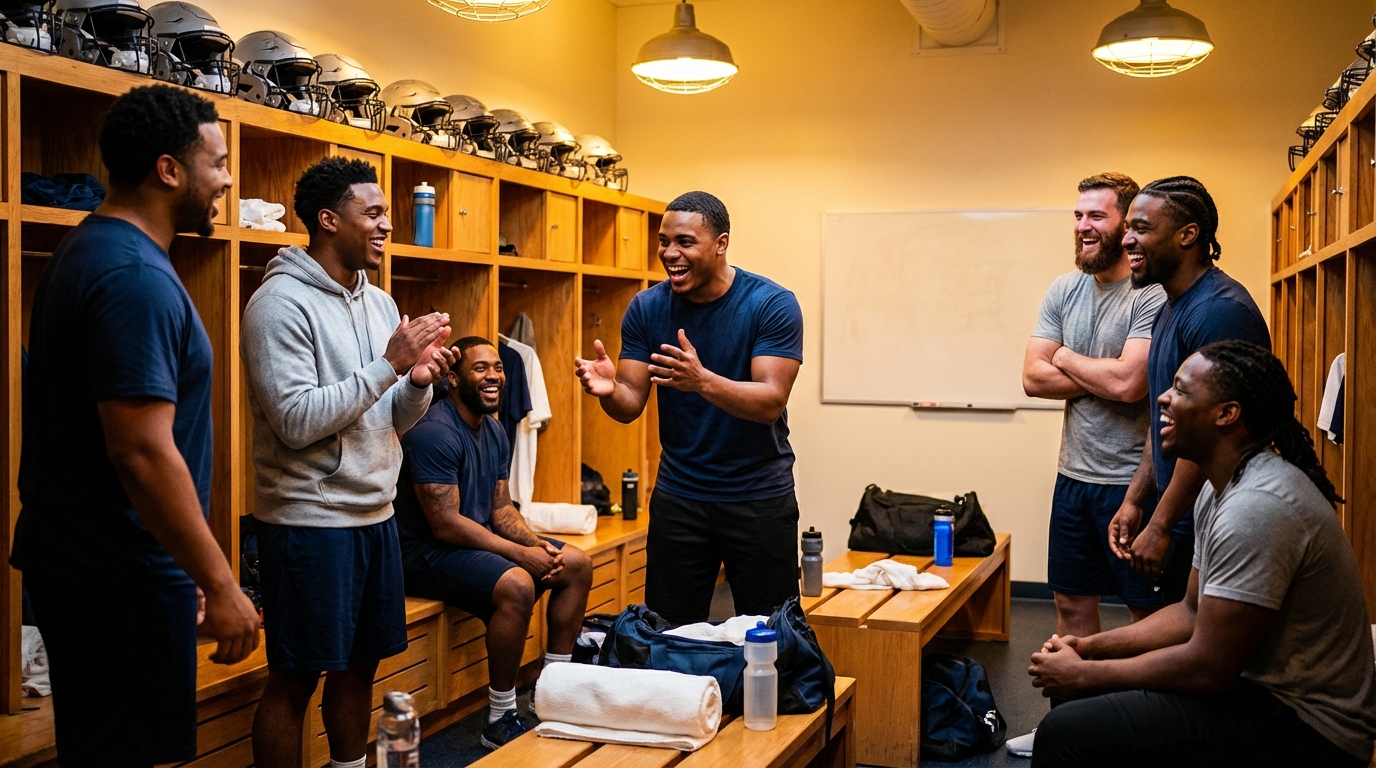Diverse group of football players laughing in a locker room
