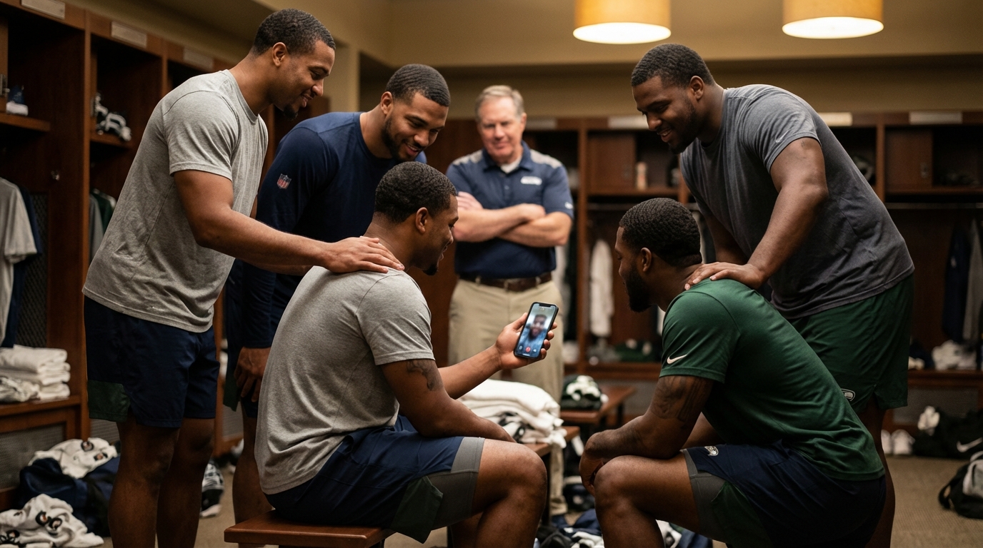 Players gathered in a locker room offering support during a FaceTime call