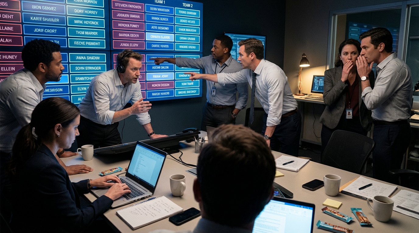 Draft day war room showing Patriots staff clustered around a glowing digital draft board, tense and focused